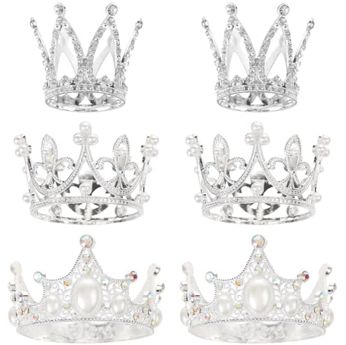 6pcs Crown Cake Topper，UHOMENY 3 Styles Luxury Crystal Pearl Crown Mini Vintage Crown Cupcake Topper Girl Crown Headdress Birthday Wedding Party Flower Crystal Crown Decoration Ornament (sliver)