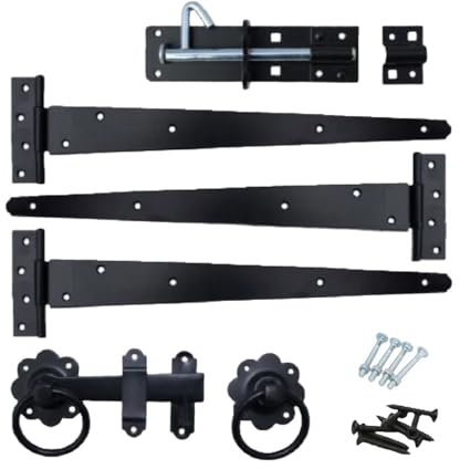 Epsom Door Handle 18 Gate Hardware Pack Black Japanned or Bzp Finish 3 X Tee Hinges 6 Ring Latch 6 Brenton Bolt with Fixings Complete Gate Kit for Wooden Garden Gates Sheds Doors (Lack Japanned)