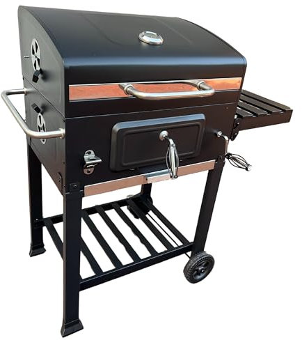NYS Barbecue à charbon de bois, grille en fonte, décapsuleur, barbecue avec thermomètre, barbecue à roulettes avec couvercle, acier inoxydable revêtu par poudre, grand barbecue sur roues, avec grille
