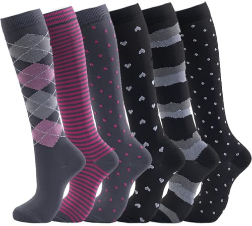 GEYIWSSXY Lot de 6 paires de chaussettes de compression pour homme et femme - Chaussettes de contention colorées pour le sport, la course, les voyages, le cyclisme