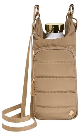WanderFull® Original HydroBag® Fits Up to 32 oz Water Bottle Holder with Strap - Hands-Free Crossbody Water Bottle Carrier Bag with Phone Pocket - Khaki HydroBag with Striped Strap, Khaki, Standard