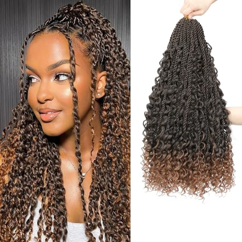 Auxemuen 8Packs Senegalese Twist Crochet Hair with Curly Ends 14Inch Natural Black Boho Island Twists Crochet Braids Boho Goddess Twist Crochet Hair for Black Women (TB/30)