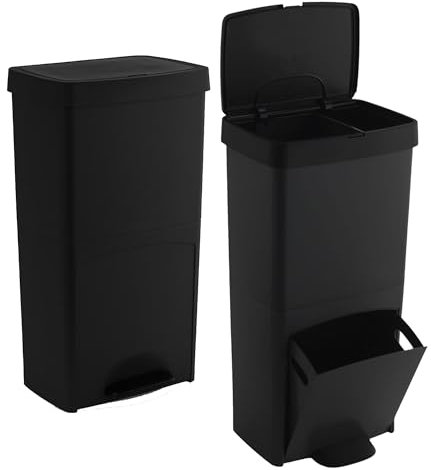 PACK de 2 Cubos de basura o reciclaje 70L en NEGRO, VERTICAL, en 2 Compartimentos, Papelera para residuos, 76 cm de altura, fácil gestión