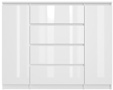 SoDREAMER Kommode 2 Türen 4 Schubladen 120 cm| Weiß - glänzende Vorderseite Ideal für Schlafzimmer, Wohnzimmer, Kinderzimmer und Büro | Große geräumige Kommode | 120x97x40 cm