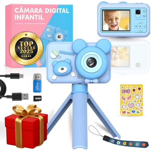 Cámara Fotos Infantil Oso Azul para Niño 3 4 5 6 7 8 9 10 Años, 2 1080P con 32GB y Trípode, Juguetes Regalo Niño Cumpleaños Navidad, Selfie MP3 Juegos Educativos