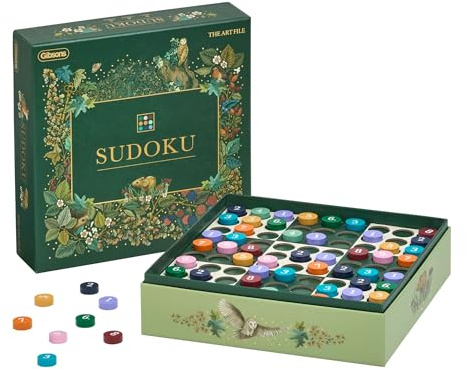 Gibsons The Art File Sudoku Board Game – Luxury Wooden Logic Puzzle with 150 Challenges – 81 Dual-Sided Checkers, Ages 8+ – Premium Green Botanical Design – Brain Teaser Gift for Adults & Kids