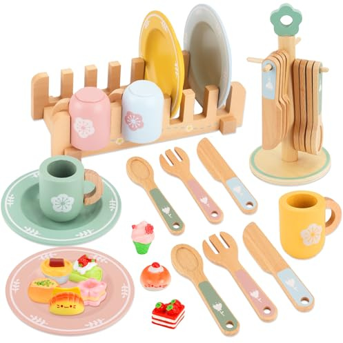 Kinderküche Geschirr Teeservice Kinder Holz,Kinderküche Zubehör Holz,Spielküche Kinder küche zubehör mit Tassen, Teller und Gebäck, Teeparty Set für Jungen und Mädchen ab 3 Jahre