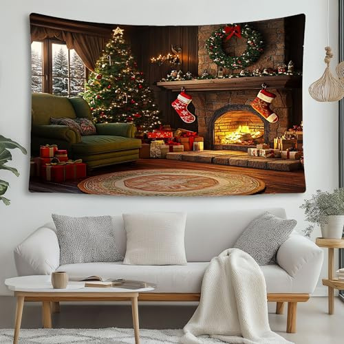 LCHMQ Vintage Kamin Wandteppich Mehrzweck Großer Weihnachtsbaum Wandbehang Stoff Aestheticn Wandtuch Wandbehang Stoff Wall Tapestr Wanddeko 150x130cm