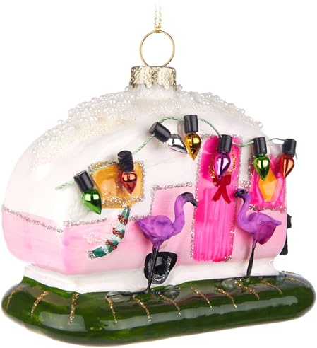BRUBAKER Rosa Wohnwagen mit Lichterkette und Flamingos - Handbemalte Weihnachtskugel aus Glas - 10 cm Florida Trailer Baumkugel mit Weihnachtsdeko - Christbaumschmuck Figur Lustig Deko Anhänger