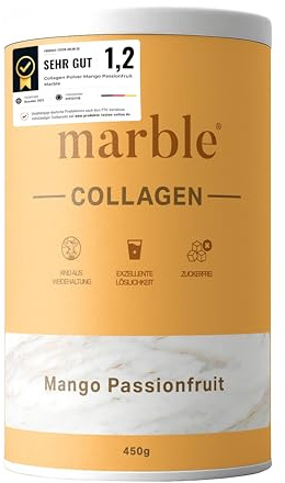 marble® Collagen Pulver [450g] – Kollagen Hydrolysat – Peptide Typ 1, 2 & 3 – Exzellente Löslichkeit ohne Klumpen – Laborgeprüft – Made in Germany – 60 Tage risikofrei – Mango Passionfruit