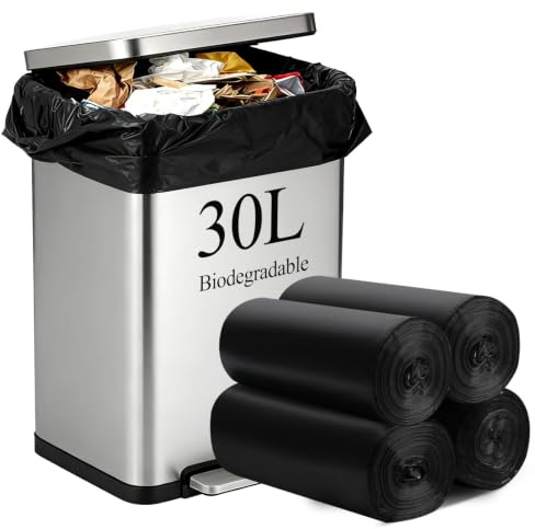 30L Biodegradable Bin Liners 100 Bags, 8Gallon/30 Litre Food Waste Bags Compostable Trash Caddy Liners, Recycl Garbage Rubbish Bag for Kitchen Bathroom(60 x 65cm)