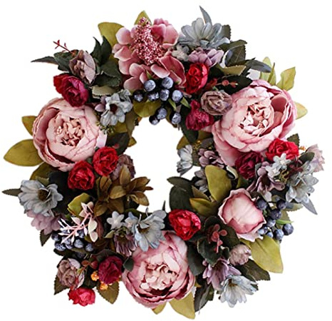 Hperu Spring Door Wreath, Artificial Peony Wreath, 13.78 inch Hanging Artificial Flowers Door Wreaths Outdoor All Year, for Home Farmhouse Wedding Valentines Wreaths Decoration