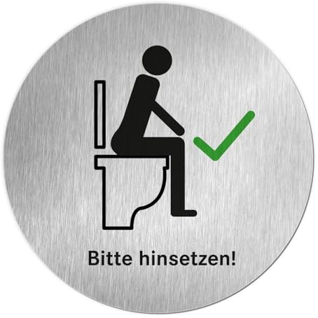iSecur WC Bitte hinsetzen Schild Edelstahl rund 9 cm Tür - hin851 | Bitte hinsetzen WC-Hinweisschild mit Piktogramm, Edelstahl rund, selbstklebend mit PE-Schaum-Klebepad, langlebig robust