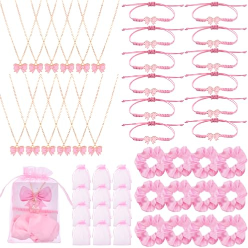 YXSJAS 12Sets Bow Party Favors Gifts Bulk Bowknot Necklace Set Include Coquette Bows Braid String Bracelets Bow Necklace Pink Scrunchies Cards Organza Bags Coquette Theme Cheer Dance Team Gift