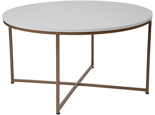 Flash Furniture Hampstead Collection Couchtisch – Moderner Couchtisch mit weißem Finish – Crisscross gebürsteter Goldrahmen