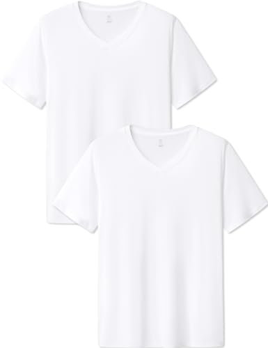 LAPASA Lot de 2 T-Shirts Homme en Micromodal Uni Manches Courtes Maillots de Corps Doux et Confortable M08 Col en V Blanc L