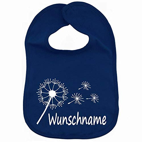 Elefantasie Lätzchen mit Name personalisiert aus 100% Baumwolle Babylätzchen doppellagiger weicher Stoff 38cm lang dunkelblau Motiv Pusteblume