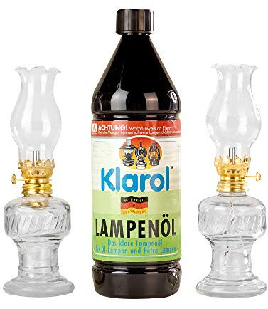 2 lámparas de aceite de cristal con casquillo giratorio dorado de 21 cm en juego con aceite para lámparas Klarol de 1 l.