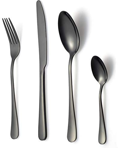 16 Piece Black Cutlery Set, Classic Stainless Steel Flatware Silverware Sets with Knives and Forks/Spoons/TeaSpoons, Service for 4, Mirror Polished,Dishwasher Safe (Black)