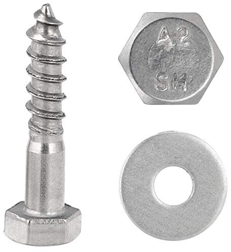 FASTON® Sechskant Holzschrauben mit Große Unterlegscheiben M10x60 Edelstahl A2 V2A (50 Stück) Holzbauschrauben Schlüsselschrauben Scheibe Beilagscheiben DIN 571 / DIN 9021