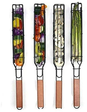Panier à griller pour barbecue, barbecue en acier inoxydable, paniers à griller, brochettes antiadhésives, barbecue, brochettes de barbecue, poignée en bois pour viande de saucisse de légumes rôtis