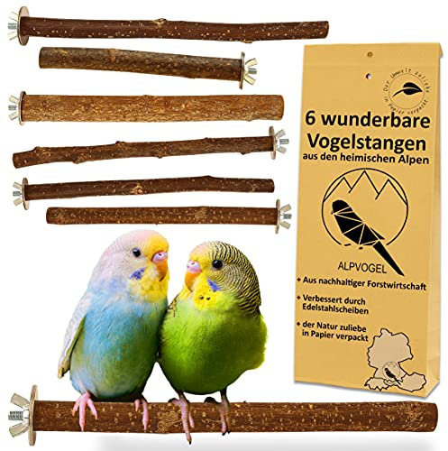 6 Natur Sitzstangen: für Wellensittich, Kanarienvogel, Nymphensittich... VERBESSERT: Edelstahl Scheiben & plastikfrei verpackt! DAS ORIGINAL: gewachsen, von Hand geschnitten in den heimischen Alpen!