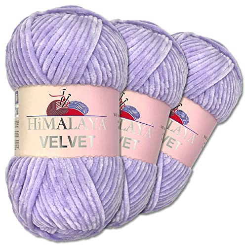 Wohnkult Himalaya 3 x 100 g Velvet Dolphin Wolle 40 Farben zur Auswahl Chenille Strickgarn Flauschwolle Glanz Accessoire Kleidung Decken (90005 | Flieder)