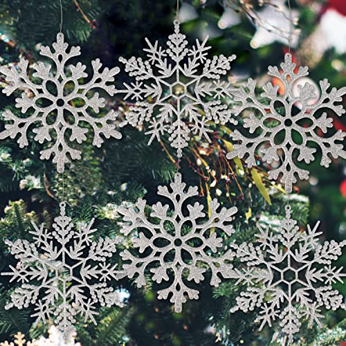 Große Silberne Schneeflocken, Ornamente, 30.5 cm, Kunststoff, Glitzer, Schneeflocke, für Winter, Innen- und Außenbereich, Weihnachtsbaum, Fenster, Raumdekoration, Schneeflocken, 6 Stück