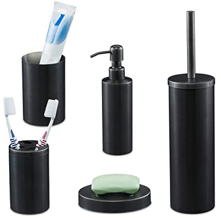 Relaxdays 5-Piece Bathroom Accessory, Brushed Stainless Steel, Complete Toilet Set, Modern Design, Anthracite, 100%, 39 x 9.5 x 9.5 cm