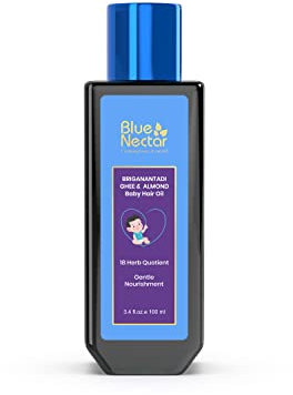 Blue Nectar Ayurvedic Baby Hair Oil for Newborn with Organic Ghee, Almond, Olive & Coconut Oil for Hair Growth and Scalp Moisturization (18 Herbs, 100ml)