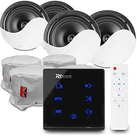 Power Dynamics Bluetooth Ceiling Speakers System with Powerline A100B In-Wall Amplifier, 4 NCSS6 Speakers and Fire Hoods – Complete Ceiling Speaker Kit for Home Audio Installation