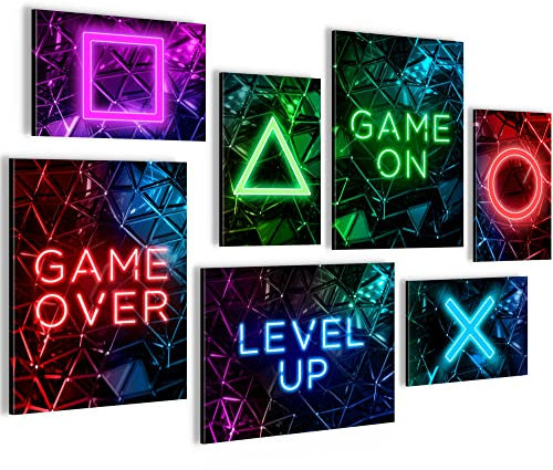 Novart Wandbilder Spielkonsole Gamer - KOMPLETT AUFHÄNGFERTIG - Schwarz Bunt Kinderzimmer Junge Teenager - 7 Moderne Mood-Bilder - N002671a