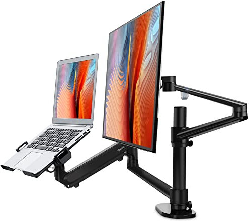 viozon Monitor- und Laptophalterung, 2-in-1 Verstellbarer Doppelmonitorarm-Schreibtischständer, einzelner Gasfederarm mit Laptopfach für 12-17 Laptop. Einzelarmständer/Halter für 17-32 monitore