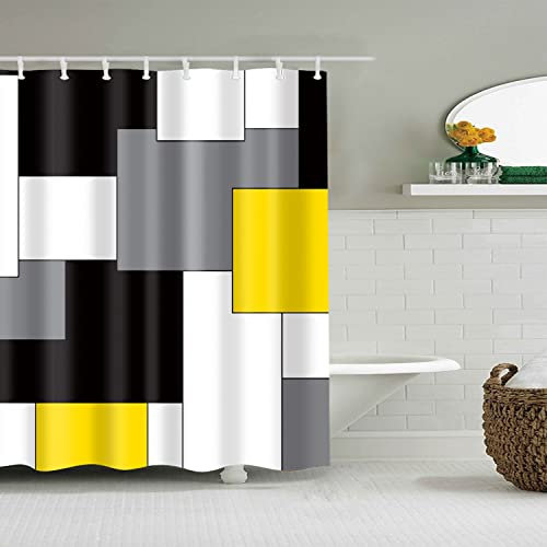 BOYOUTH Schwarz, Grau, Gelb, Weiß, geometrisches Muster, Digitaldruck Duschvorhang für Badezimmer-Dekoration, Polyester, wasserdichter Stoff, Badvorhang mit 8 Haken, 119,8 x 178,8 cm, mehrfarbig