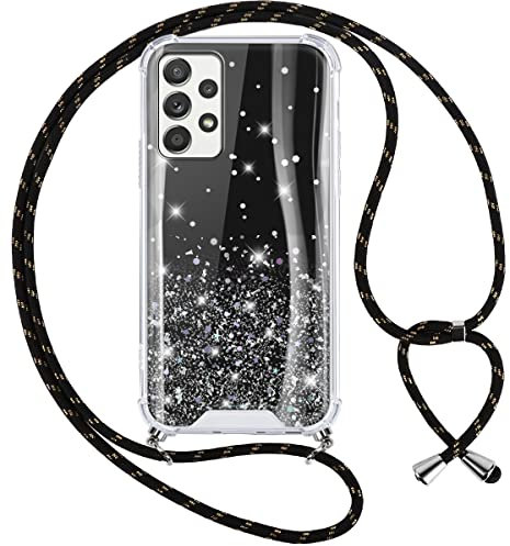 Vauki Coque avec Cordon de Collier pour Samsung Galaxy A52s 5G/A52 4G/5G, Transparente Antichoc Housse Étoile Paillette Étui Silicone Lanière avec Cordon Réglable Longueur Chaîne Necklace, Noir
