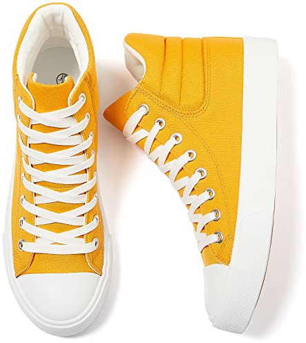 POVOGER Zapatillas altas para mujer, color blanco, de lona, a la moda, informales, con cordones, Amarillo, 40.5 EU
