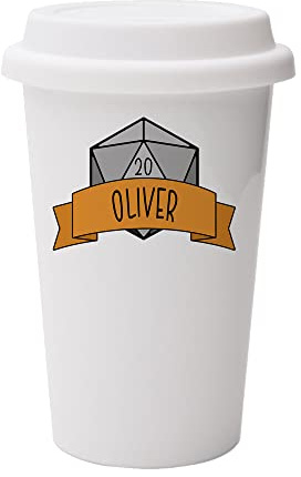 Giftme Personalised DND Theme RPG Gamer, Birthday, Christmas, Secret Santa 10oz Dual Wall Eco Insulated White Ceramic Travel Mug with White Lid.