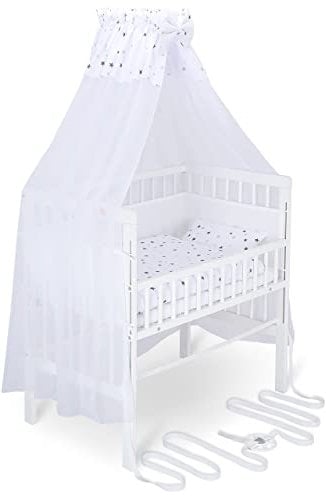 FabiMax Baby Beistellbett für Boxspringbett, TÜV geprüft 2022, inkl. Matratze und Komplett Set, Buche massiv weiß, Comfort/graue Sterne auf weiß