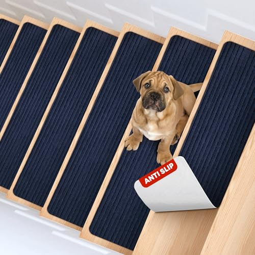 MBIGM 8 X 30 (15 in Pack) Non-Slip Carpet Stair Treads Non-Skid Safety Rug Slip Resistant Indoor Runner for Kids Elders & Pets with Reusable Adhesive - Navy - Carpet Pads for Stairs