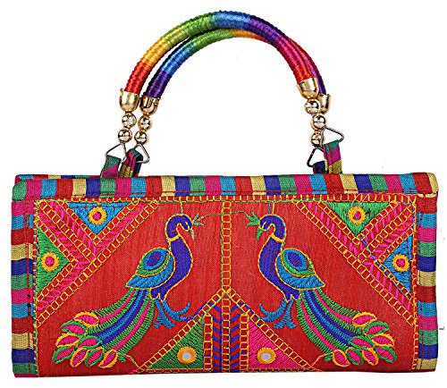 Craft Trade Rajasthani Mini Clutch-Taschen für Frauen Indisch Jaipuri-Kunst Handtasche für Damen Handbestickte Clutch Umhängetasche für Hochzeits Party und Geschenke - Dunkelrot