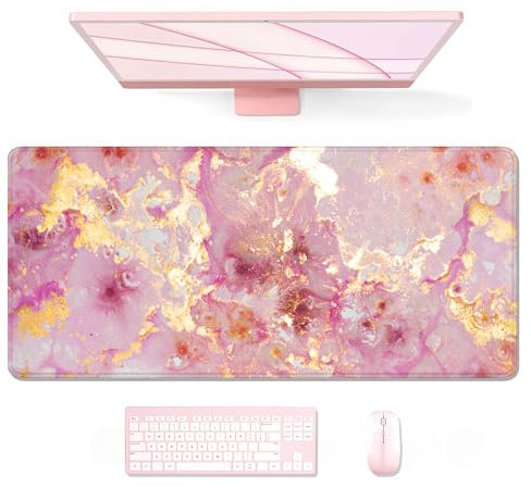 Auhoahsil Großes Gaming Mauspad, XXL Schreibtischunterlage, 35x15 Zoll, rutschfeste Gummibasis, genähte Kanten, überlegene Oberfläche, wasserdichte Tastaturmatte, Büro & Zuhause, Rosa Gold Marmor