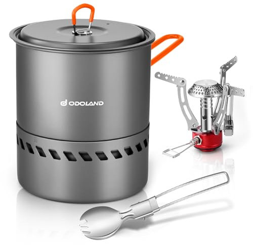 Odoland Camping Cookware Set, Outdoor Cooking Utensils Pots with Burner and Stove Foldable Cookware for Hiking, Trekking, Fishing and Backpacking