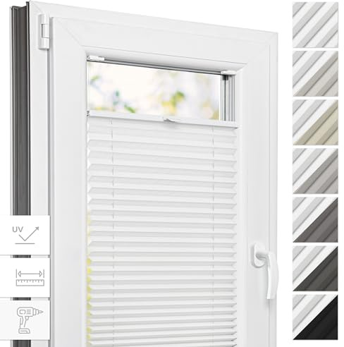 Estika Thermo-Plissee mit Bohren - 75 cm x 200 cm - Farbe: Weiß - Plissee Blickdicht, Fensterrollos für innen, Verdunkelungsplissee, Rollos für Fenster
