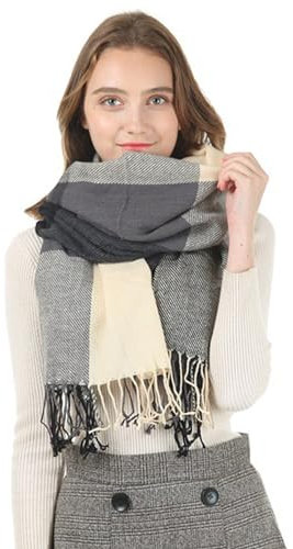 Simoda Damen Schal Kariert übergroßer Deckenschal Winter Karo Tartan Stola Mit Quasten Streifen Plaid Schal Fransen Poncho (Schwarz-beige)