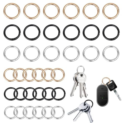 Roosea 36 Stück Runde Karabiner Rund Karabinerhaken 20mm 25mm O-Ring Karabiner rund klein Zinklegierung Runde Karabiner Ring mit Federöffnung Gold Silber Schwarz für Taschen Geldbörsen DIY Handwerk