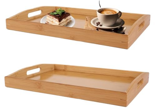 JMIATRY Wooden Tray Set of 2, 15x11x2 Rectangular Bamboo Tray with Handles, Breakfast Food Trays for Eating, Serving Trays for Dinner Tea Dessert