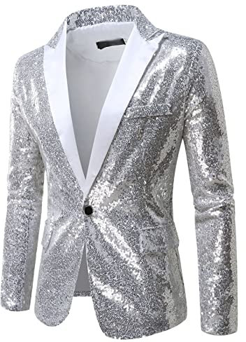 Sakko Herren Glitzer Anzug Karneval Kostüm Party Festlich Pailletten Sakko Anzüge Festlich Party Anzugjacke Smoking Jacket,Silber,XL