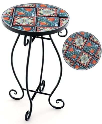 COSTWAY Garden Side Table, Mosaic Round Bistro Coffee Table with Ceramic Tile Tabletop, Indoor Outdoor Small End Accent Table Plant Stand for Patio, Balcony & Porch (Vintage Red+Lake Blue, 30 x 50 cm)