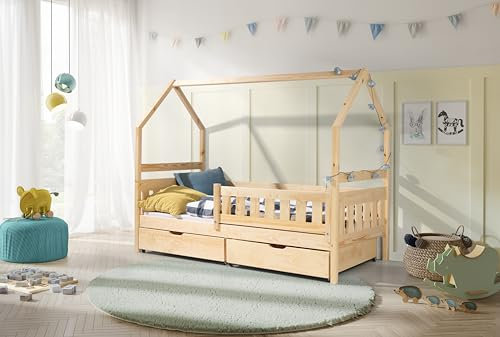 KEF Emma Kinderbett 90x200 cm - Hausbett für Schlafzimmer - Bodenbett aus Holz mit Lattenrost - Babybett - Floor Bed - Jugendbett und Mädchenbett für Kinderzimmer - Kiefer