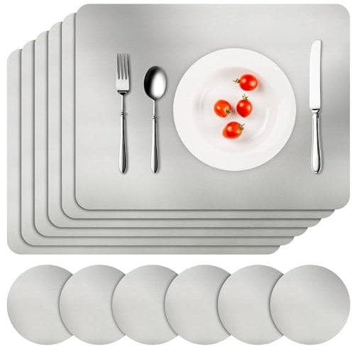 APLKER Tischset Leder 6er Set - Kunstleder Platzset Abwaschbar, Hitzebeständig Doppelseitigen Wasserdicht Platzdeckchen Lederoptik mit Tischuntersetzer rutschfest, 16 x 12 Zoll (Silver)